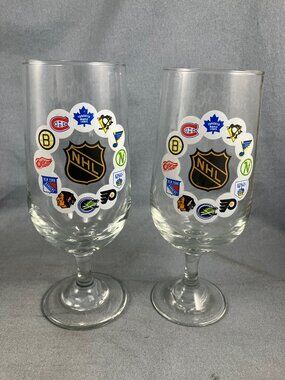 2 Vtg 1960s NHL Team Logos Glass Goblets RARE COLLECTIBLE Drinking glasses 7.5"